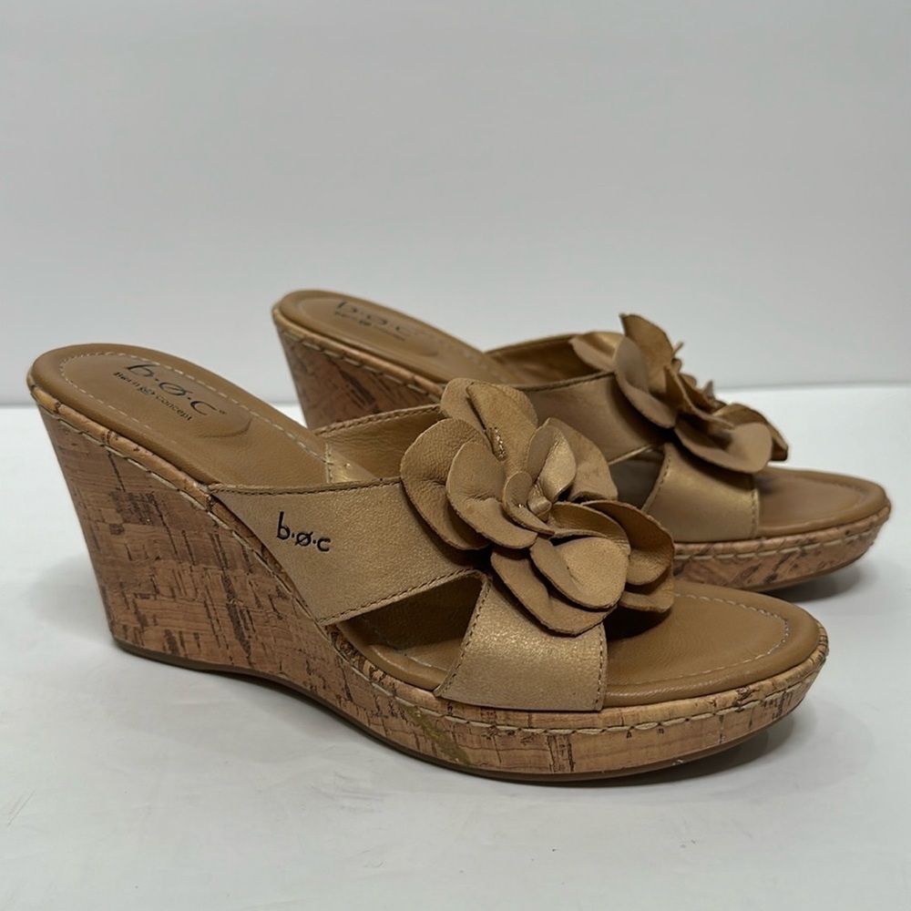 BOC Tan Floral Cork Wedge Upper Leather Comfort Sandals Women’s Comfort Shoes 7M
